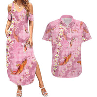 Pink Palaka Hawaiian And Japanese Couples Matching Summer Maxi Dress and Hawaiian Shirt Sakura Lei With Koi Fish DT05 Pink - Polynesian Pride