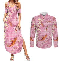 Pink Palaka Hawaiian And Japanese Couples Matching Summer Maxi Dress and Long Sleeve Button Shirt Sakura Lei With Koi Fish DT05 Pink - Polynesian Pride