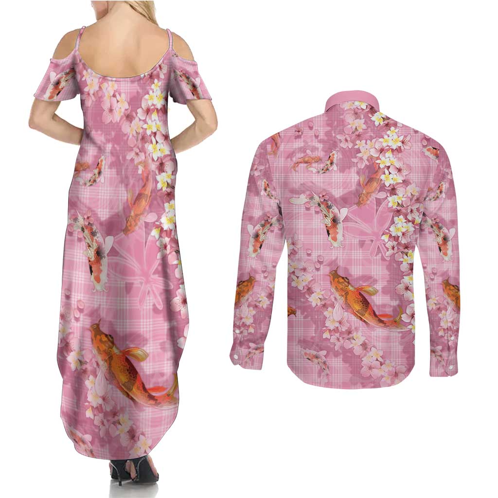 Pink Palaka Hawaiian And Japanese Couples Matching Summer Maxi Dress and Long Sleeve Button Shirt Sakura Lei With Koi Fish DT05 - Polynesian Pride
