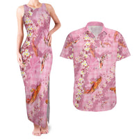 Pink Palaka Hawaiian And Japanese Couples Matching Tank Maxi Dress and Hawaiian Shirt Sakura Lei With Koi Fish DT05 Pink - Polynesian Pride