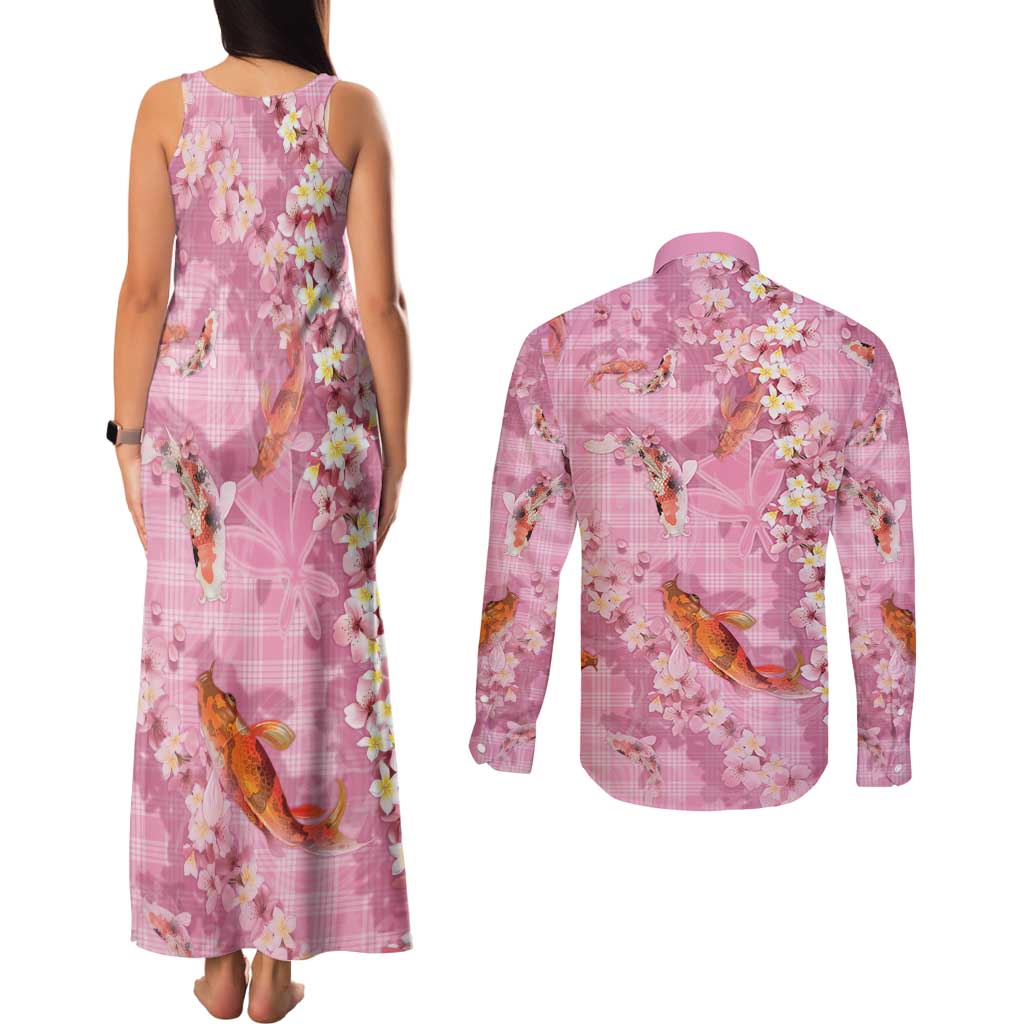 Pink Palaka Hawaiian And Japanese Couples Matching Tank Maxi Dress and Long Sleeve Button Shirt Sakura Lei With Koi Fish DT05 - Polynesian Pride