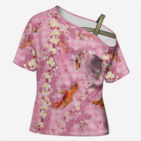 Pink Palaka Hawaiian And Japanese Cross Shoulder Shirt Sakura Lei With Koi Fish - Polynesian Pride