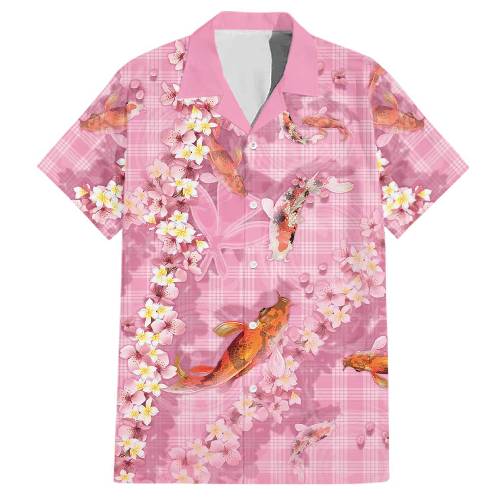 Pink Palaka Hawaiian And Japanese Family Matching Off Shoulder Maxi Dress and Hawaiian Shirt Sakura Lei With Koi Fish DT05 Dad's Shirt - Short Sleeve Pink - Polynesian Pride