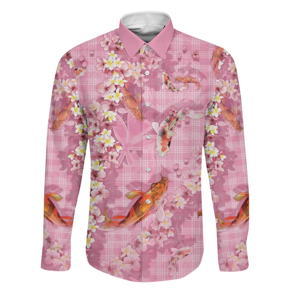Pink Palaka Hawaiian And Japanese Family Matching Off Shoulder Maxi Dress and Hawaiian Shirt Sakura Lei With Koi Fish DT05 Dad's Shirt - Long Sleeve Pink - Polynesian Pride