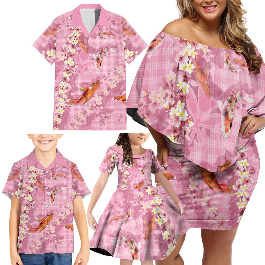 Pink Palaka Hawaiian And Japanese Family Matching Off Shoulder Short Dress and Hawaiian Shirt Sakura Lei With Koi Fish DT05 - Polynesian Pride