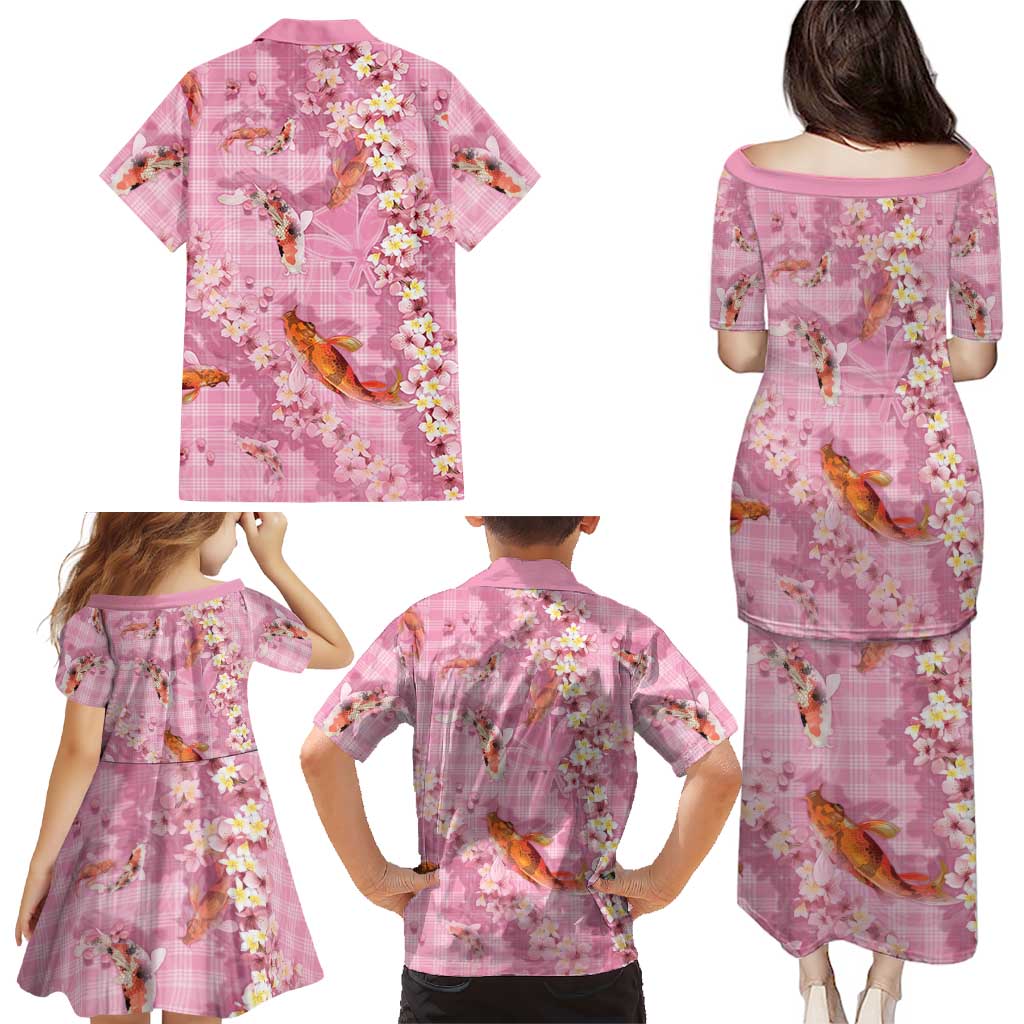 Pink Palaka Hawaiian And Japanese Family Matching Puletasi and Hawaiian Shirt Sakura Lei With Koi Fish DT05 - Polynesian Pride