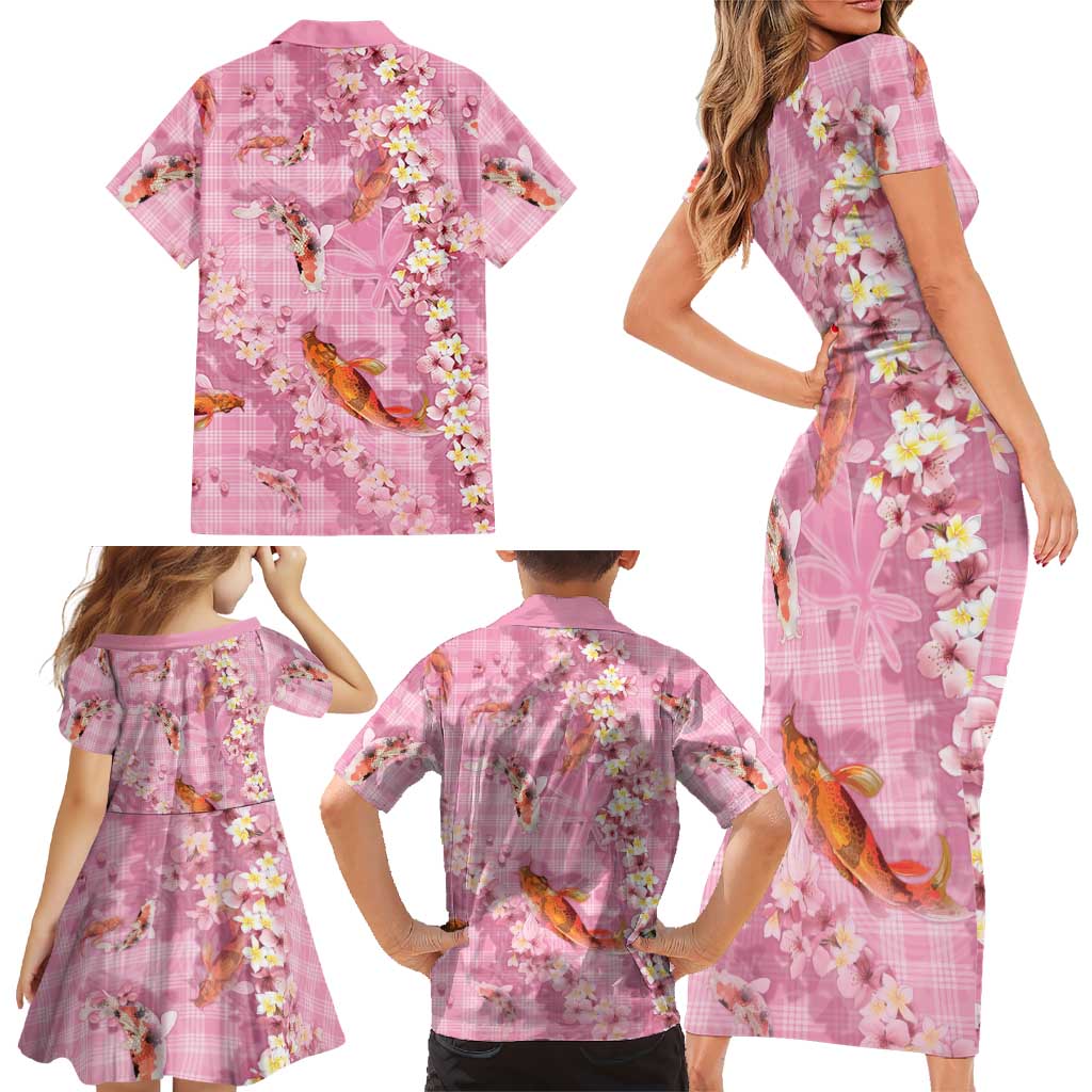Pink Palaka Hawaiian And Japanese Family Matching Short Sleeve Bodycon Dress and Hawaiian Shirt Sakura Lei With Koi Fish DT05 - Polynesian Pride