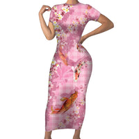 Pink Palaka Hawaiian And Japanese Family Matching Short Sleeve Bodycon Dress and Hawaiian Shirt Sakura Lei With Koi Fish DT05 Mom's Dress Pink - Polynesian Pride