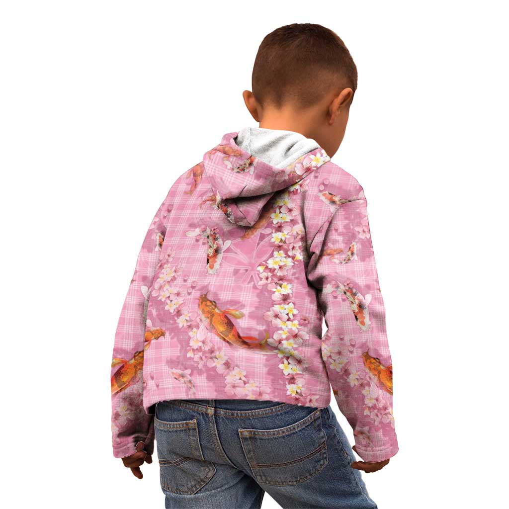 Pink Palaka Hawaiian And Japanese Kid Hoodie Sakura Lei With Koi Fish - Polynesian Pride