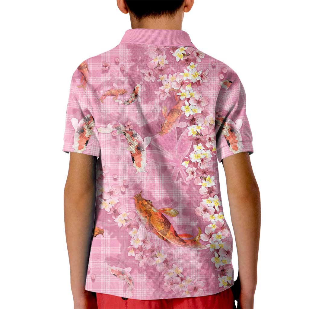 Pink Palaka Hawaiian And Japanese Kid Polo Shirt Sakura Lei With Koi Fish - Polynesian Pride