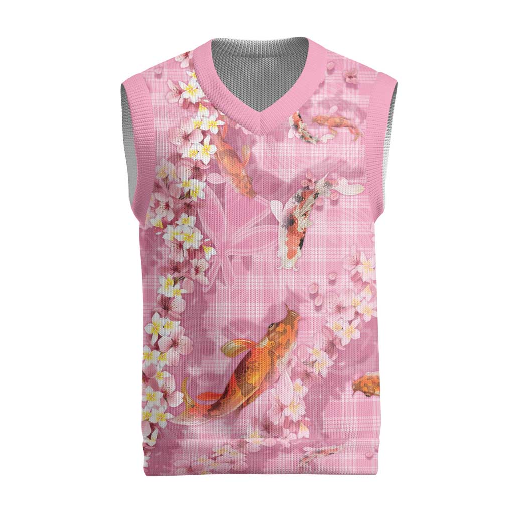 Pink Palaka Hawaiian And Japanese Christmas Knitted V-Neck Vest Sakura Lei With Koi Fish DT05 Pink - Polynesian Pride
