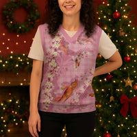Pink Palaka Hawaiian And Japanese Christmas Knitted V-Neck Vest Sakura Lei With Koi Fish DT05 - Polynesian Pride