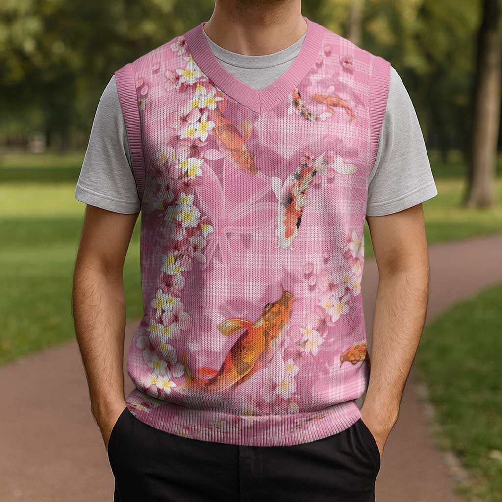 Pink Palaka Hawaiian And Japanese Christmas Knitted V-Neck Vest Sakura Lei With Koi Fish DT05 - Polynesian Pride
