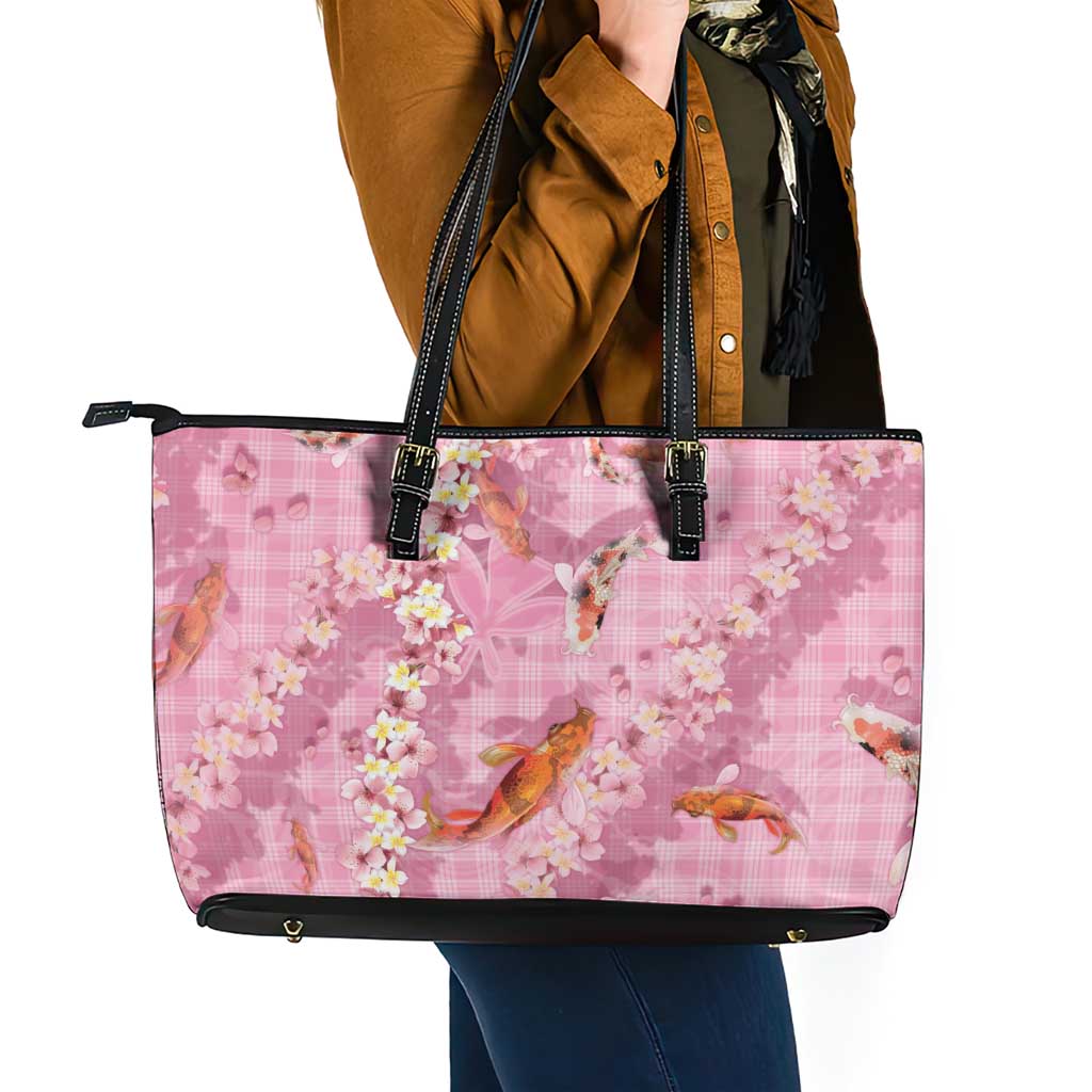 Pink Palaka Hawaiian And Japanese Leather Tote Bag Sakura Lei With Koi Fish DT05 - Polynesian Pride