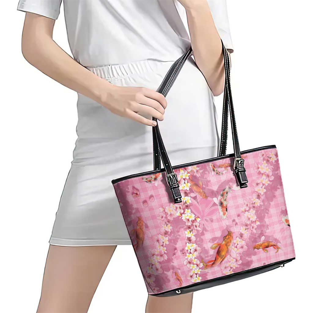 Pink Palaka Hawaiian And Japanese Leather Tote Bag Sakura Lei With Koi Fish DT05 - Polynesian Pride