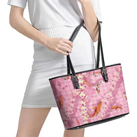 Pink Palaka Hawaiian And Japanese Leather Tote Bag Sakura Lei With Koi Fish DT05 - Polynesian Pride