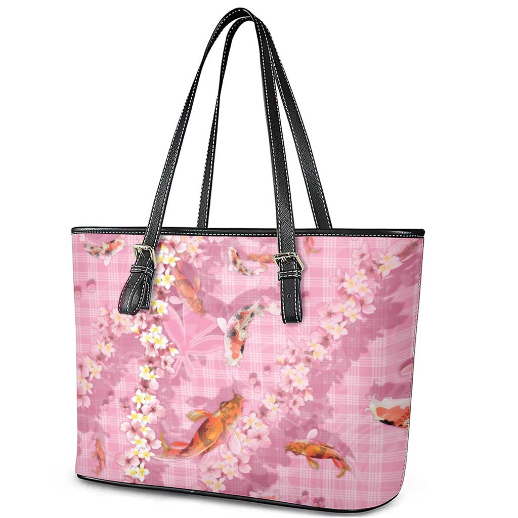 Pink Palaka Hawaiian And Japanese Leather Tote Bag Sakura Lei With Koi Fish DT05 - Polynesian Pride