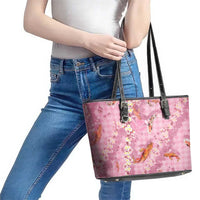 Pink Palaka Hawaiian And Japanese Leather Tote Bag Sakura Lei With Koi Fish DT05 - Polynesian Pride