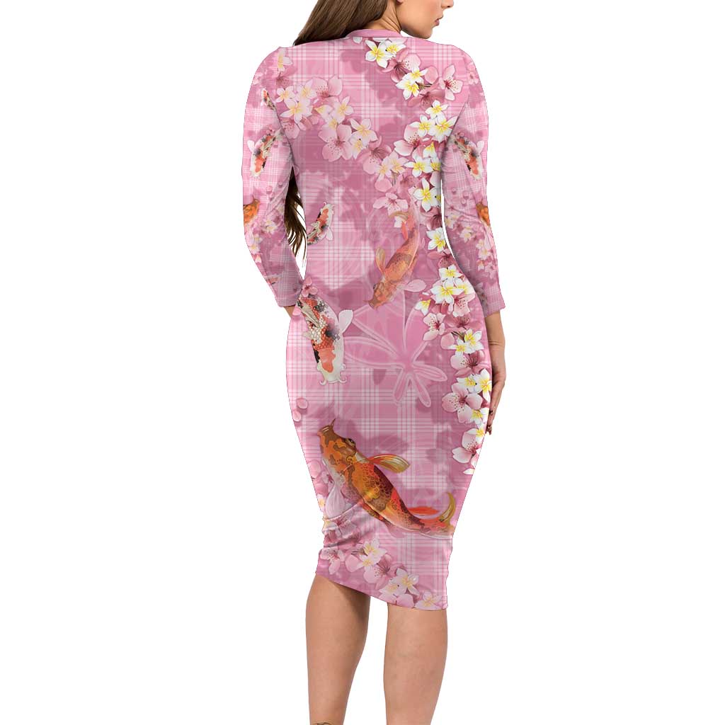 Pink Palaka Hawaiian And Japanese Long Sleeve Bodycon Dress Sakura Lei With Koi Fish DT05 - Polynesian Pride