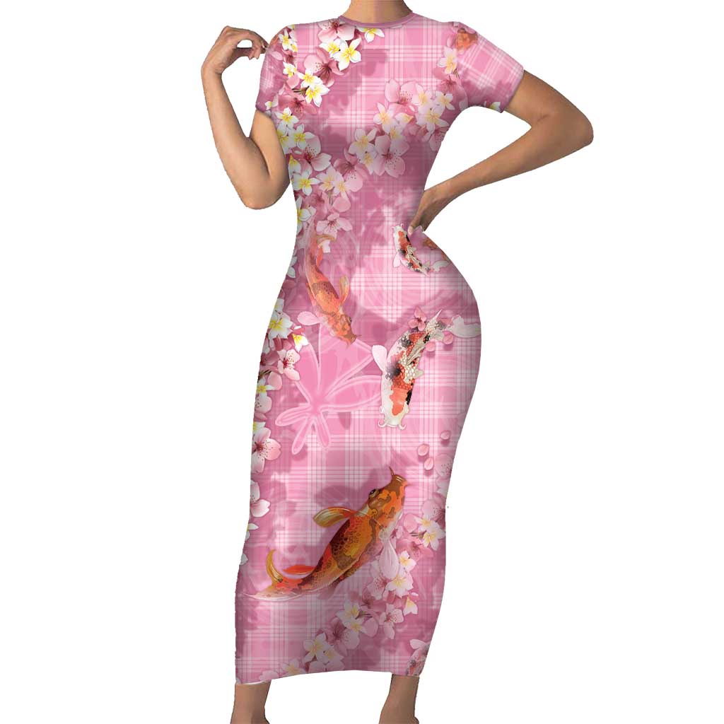 Pink Palaka Hawaiian And Japanese Short Sleeve Bodycon Dress Sakura Lei With Koi Fish DT05 Long Dress Pink - Polynesian Pride