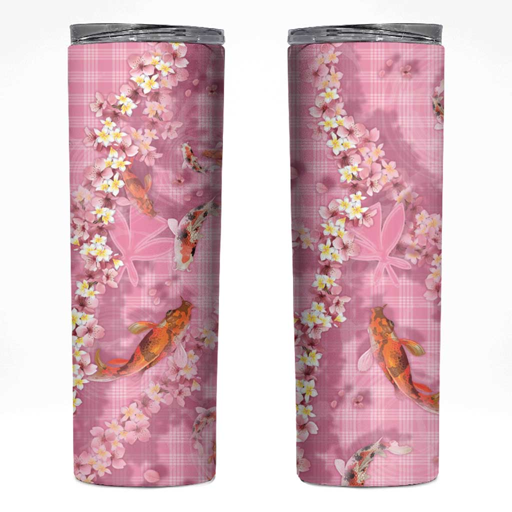 Pink Palaka Hawaiian And Japanese Skinny Tumbler Sakura Lei With Koi Fish DT05 Pink - Polynesian Pride
