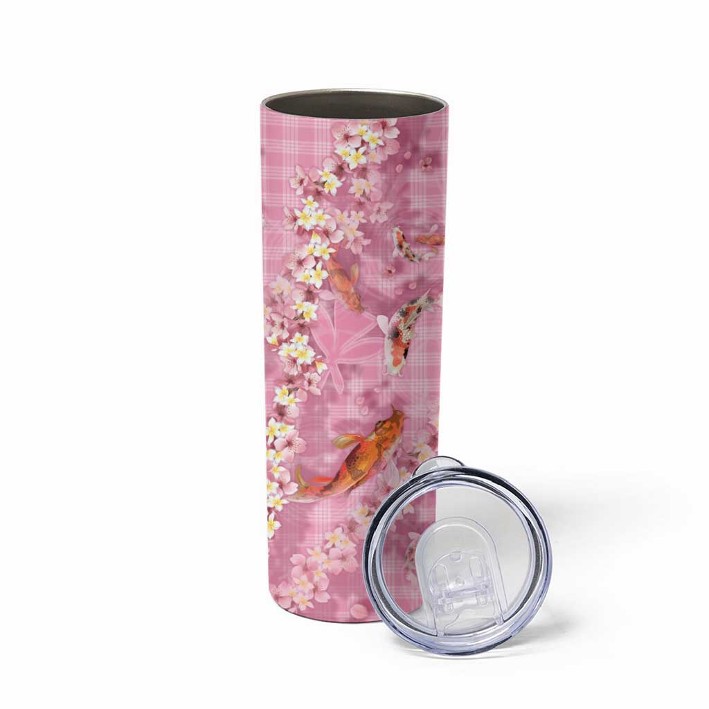 Pink Palaka Hawaiian And Japanese Skinny Tumbler Sakura Lei With Koi Fish DT05 - Polynesian Pride