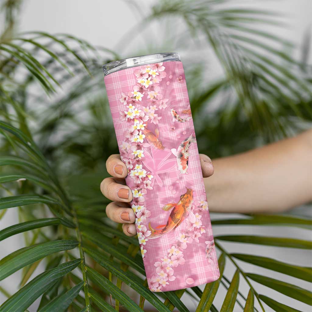 Pink Palaka Hawaiian And Japanese Skinny Tumbler Sakura Lei With Koi Fish DT05 - Polynesian Pride