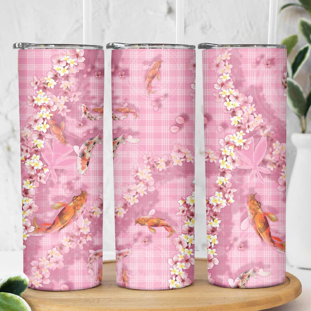 Pink Palaka Hawaiian And Japanese Skinny Tumbler Sakura Lei With Koi Fish DT05 - Polynesian Pride