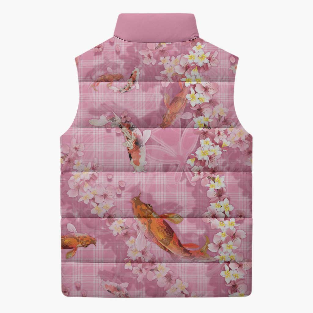 Pink Palaka Hawaiian And Japanese Sleeveless Puffer Jacket Sakura Lei With Koi Fish - Polynesian Pride