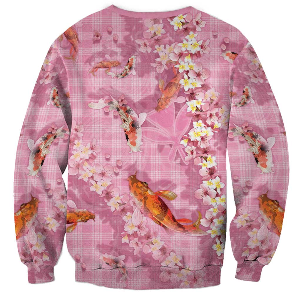 Pink Palaka Hawaiian And Japanese Sweatshirt Sakura Lei With Koi Fish - Polynesian Pride