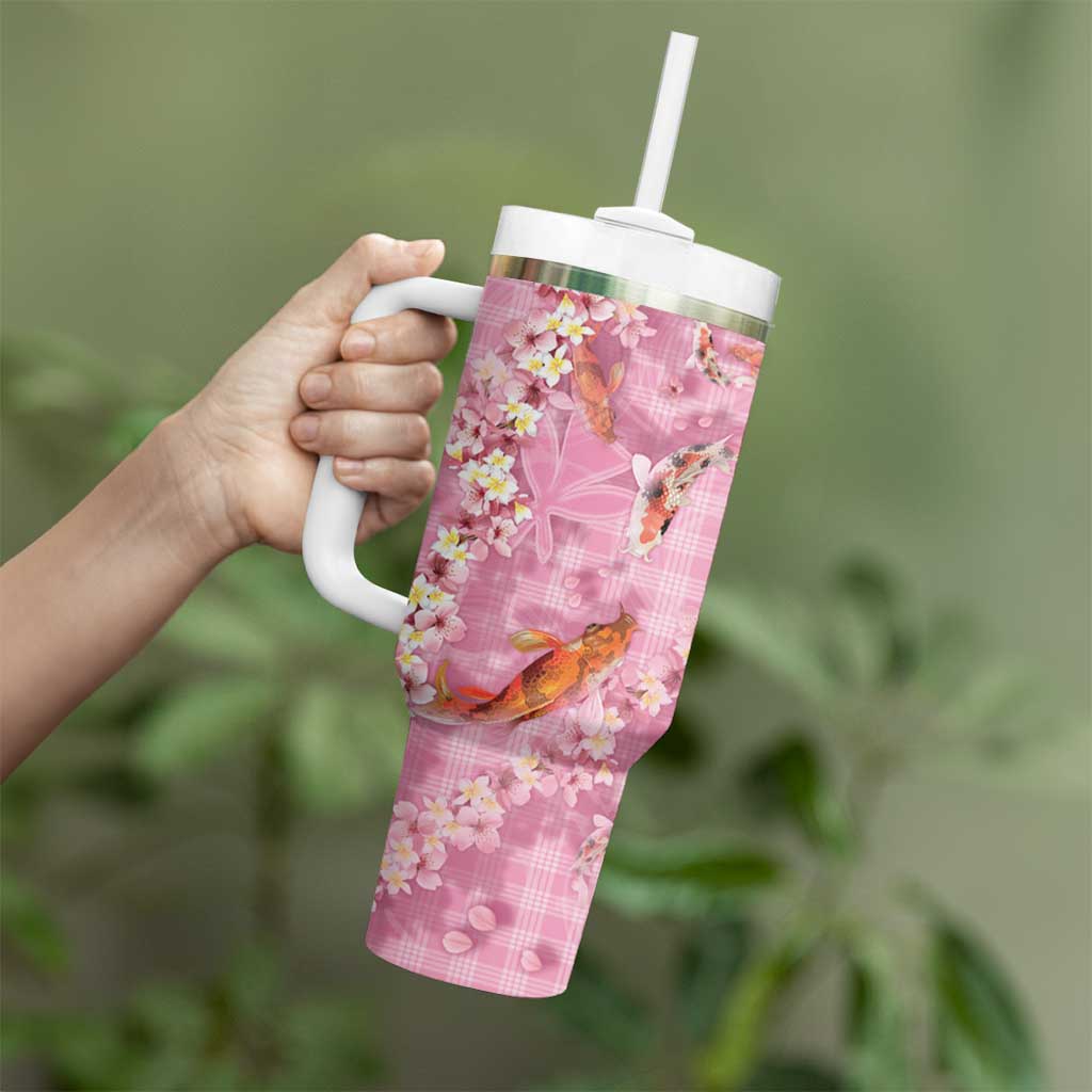 Pink Palaka Hawaiian And Japanese Tumbler With Handle Sakura Lei With Koi Fish - Polynesian Pride