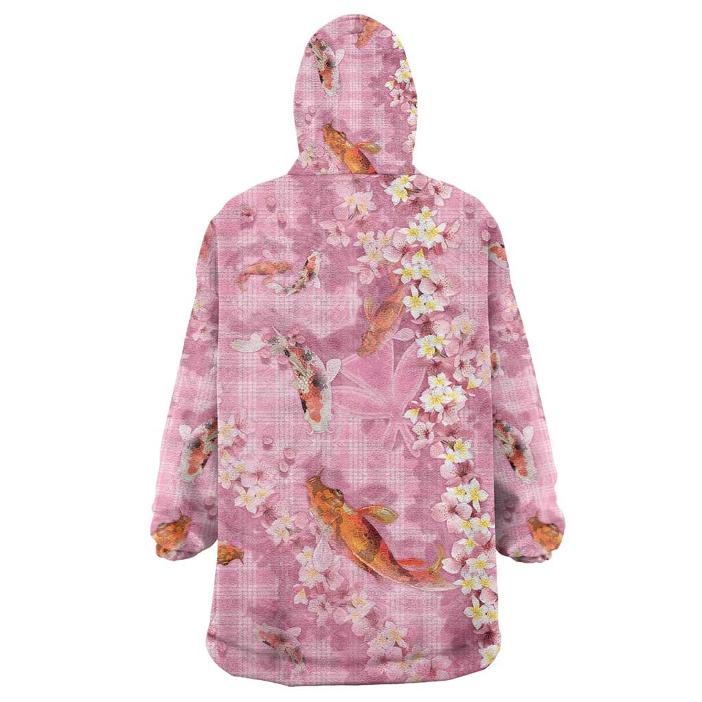 Pink Palaka Hawaiian And Japanese Wearable Blanket Hoodie Sakura Lei With Koi Fish DT05 - Polynesian Pride