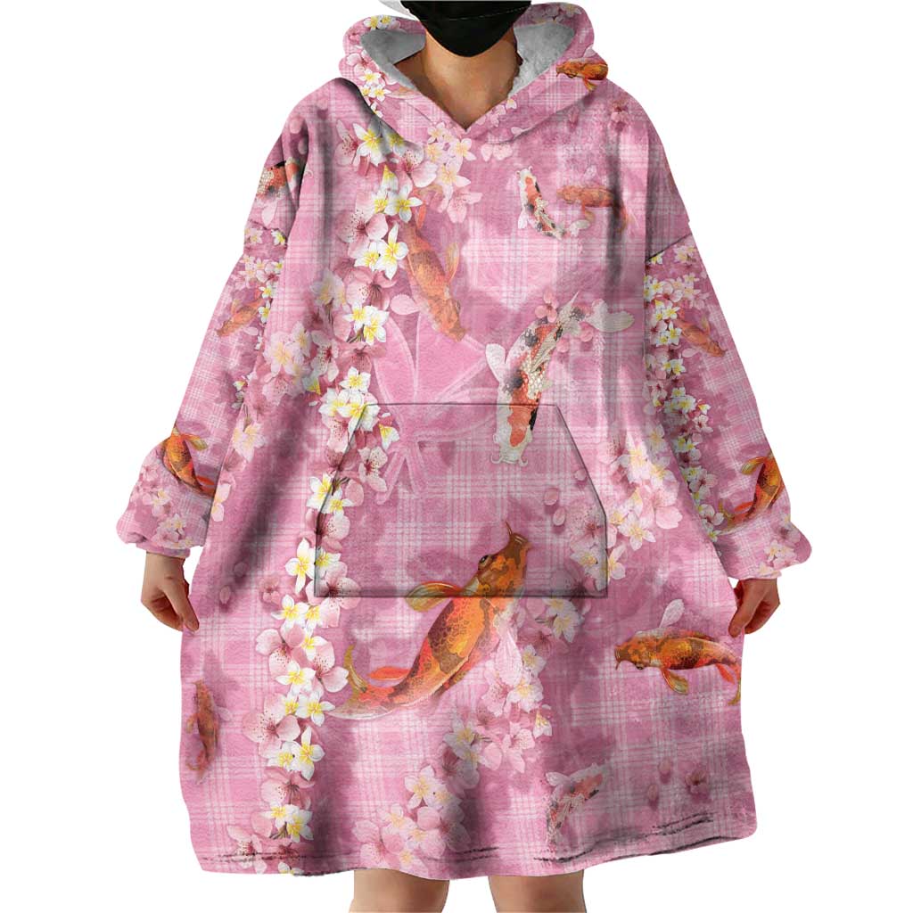 Pink Palaka Hawaiian And Japanese Wearable Blanket Hoodie Sakura Lei With Koi Fish DT05 - Polynesian Pride
