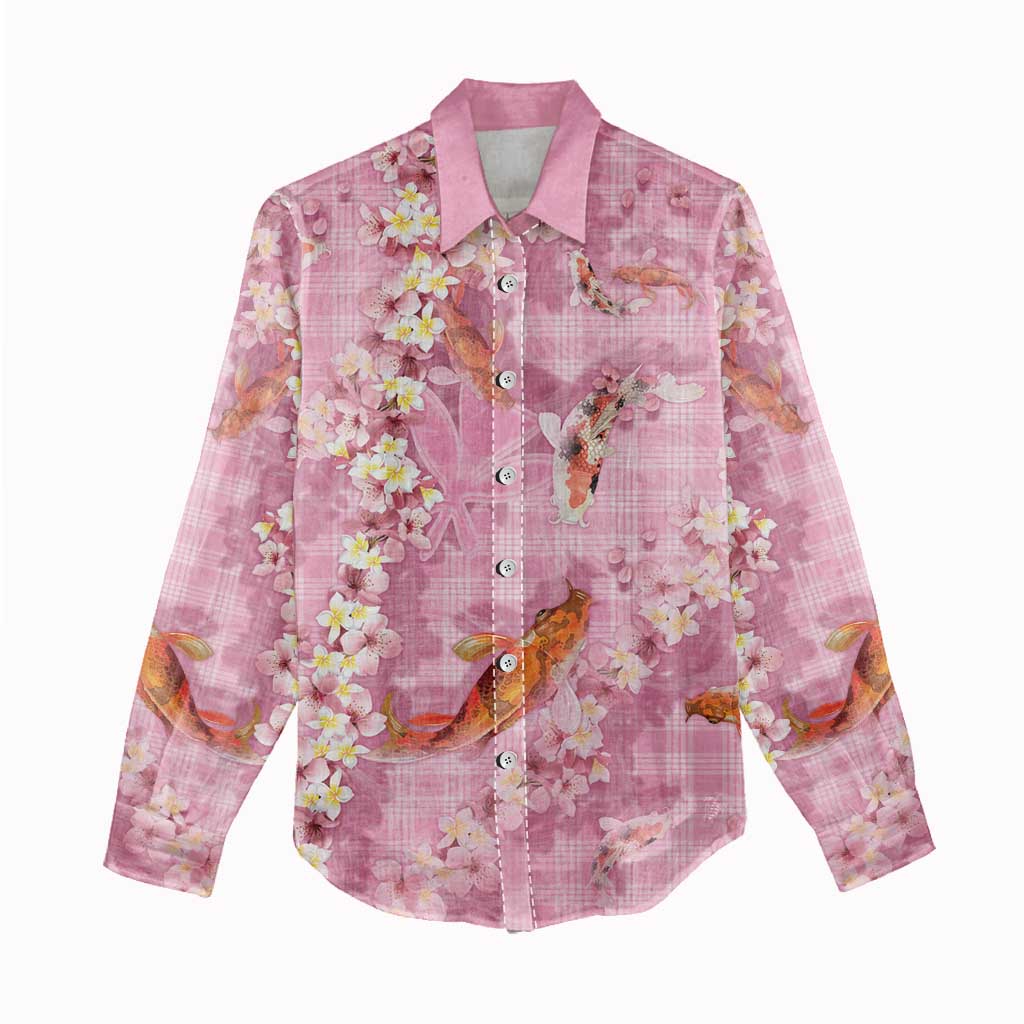 Pink Palaka Hawaiian And Japanese Women Casual Shirt Sakura Lei With Koi Fish DT05 - Polynesian Pride