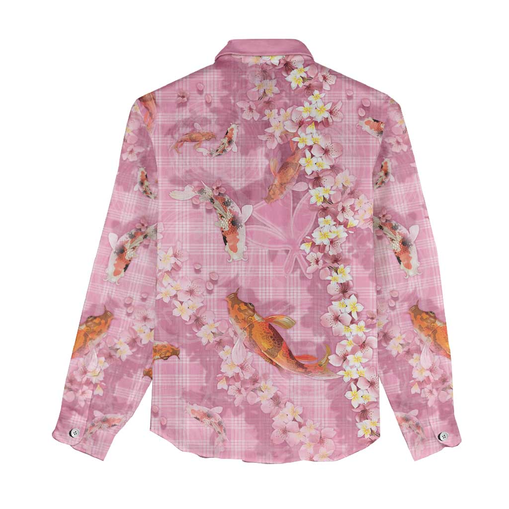 Pink Palaka Hawaiian And Japanese Women Casual Shirt Sakura Lei With Koi Fish DT05 - Polynesian Pride