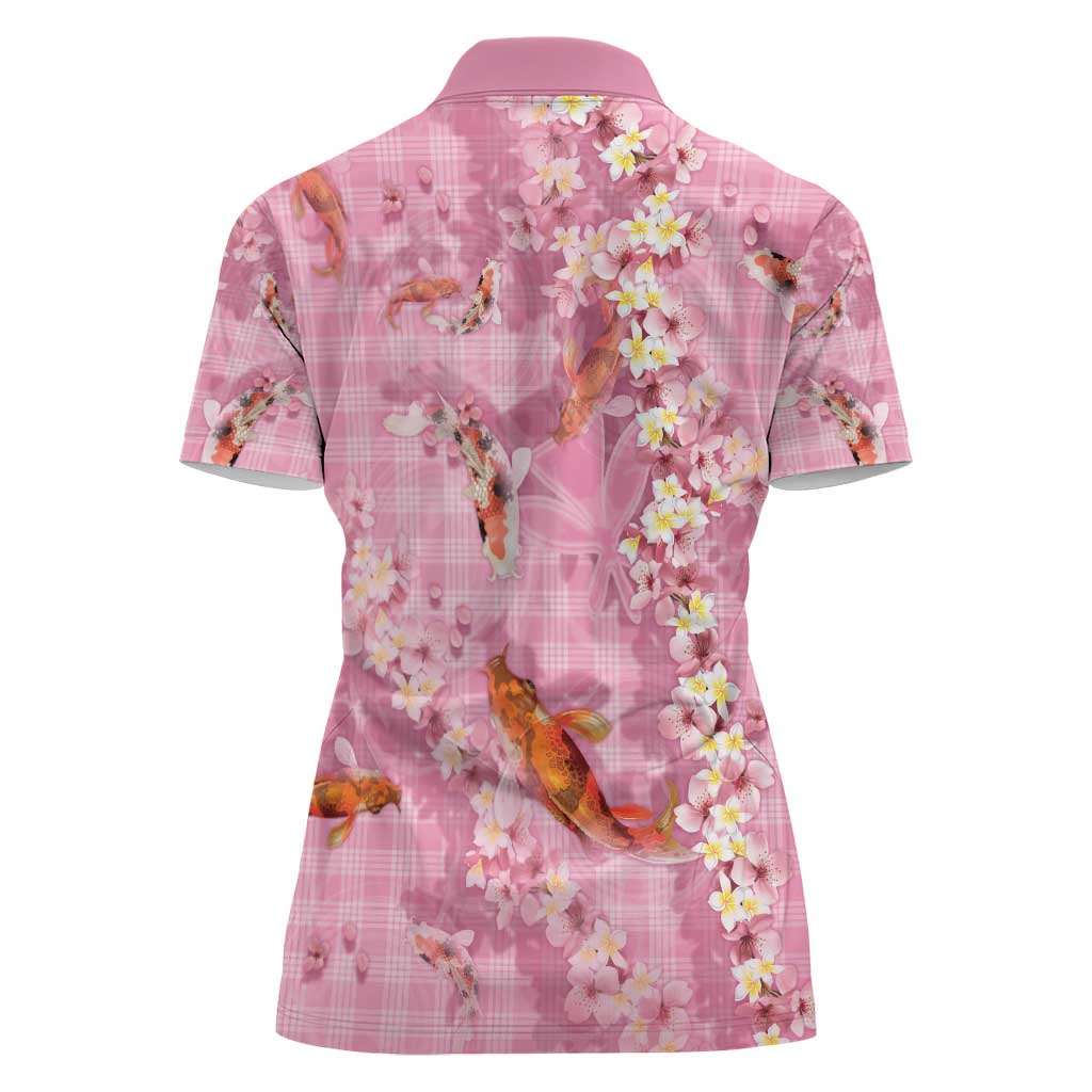 Pink Palaka Hawaiian And Japanese Women Polo Shirt Sakura Lei With Koi Fish - Polynesian Pride