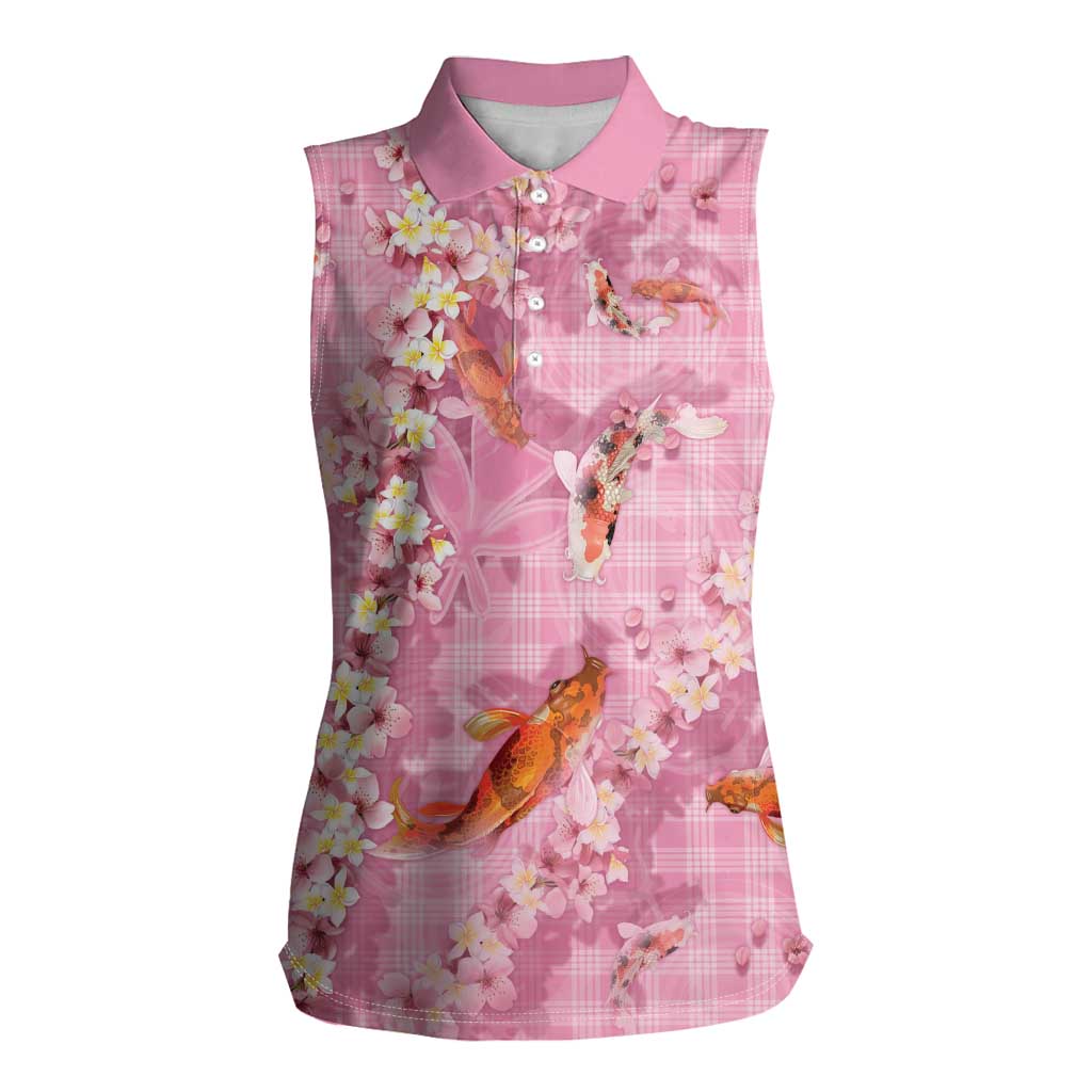 Pink Palaka Hawaiian And Japanese Women Sleeveless Polo Shirt Sakura Lei With Koi Fish DT05 Female Pink - Polynesian Pride