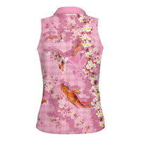 Pink Palaka Hawaiian And Japanese Women Sleeveless Polo Shirt Sakura Lei With Koi Fish DT05 - Polynesian Pride