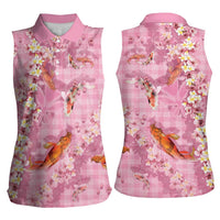 Pink Palaka Hawaiian And Japanese Women Sleeveless Polo Shirt Sakura Lei With Koi Fish DT05 - Polynesian Pride