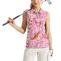 Pink Palaka Hawaiian And Japanese Women Sleeveless Polo Shirt Sakura Lei With Koi Fish DT05 - Polynesian Pride