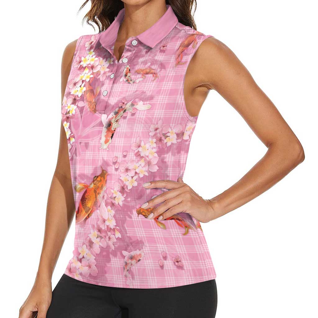 Pink Palaka Hawaiian And Japanese Women Sleeveless Polo Shirt Sakura Lei With Koi Fish DT05 - Polynesian Pride