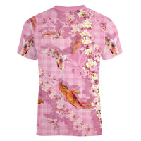 Pink Palaka Hawaiian And Japanese Women V-Neck T-Shirt Sakura Lei With Koi Fish DT05 - Polynesian Pride