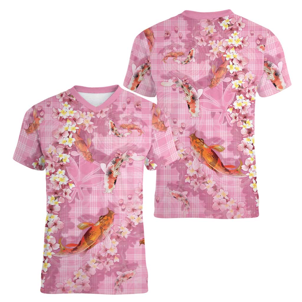 Pink Palaka Hawaiian And Japanese Women V-Neck T-Shirt Sakura Lei With Koi Fish DT05 - Polynesian Pride