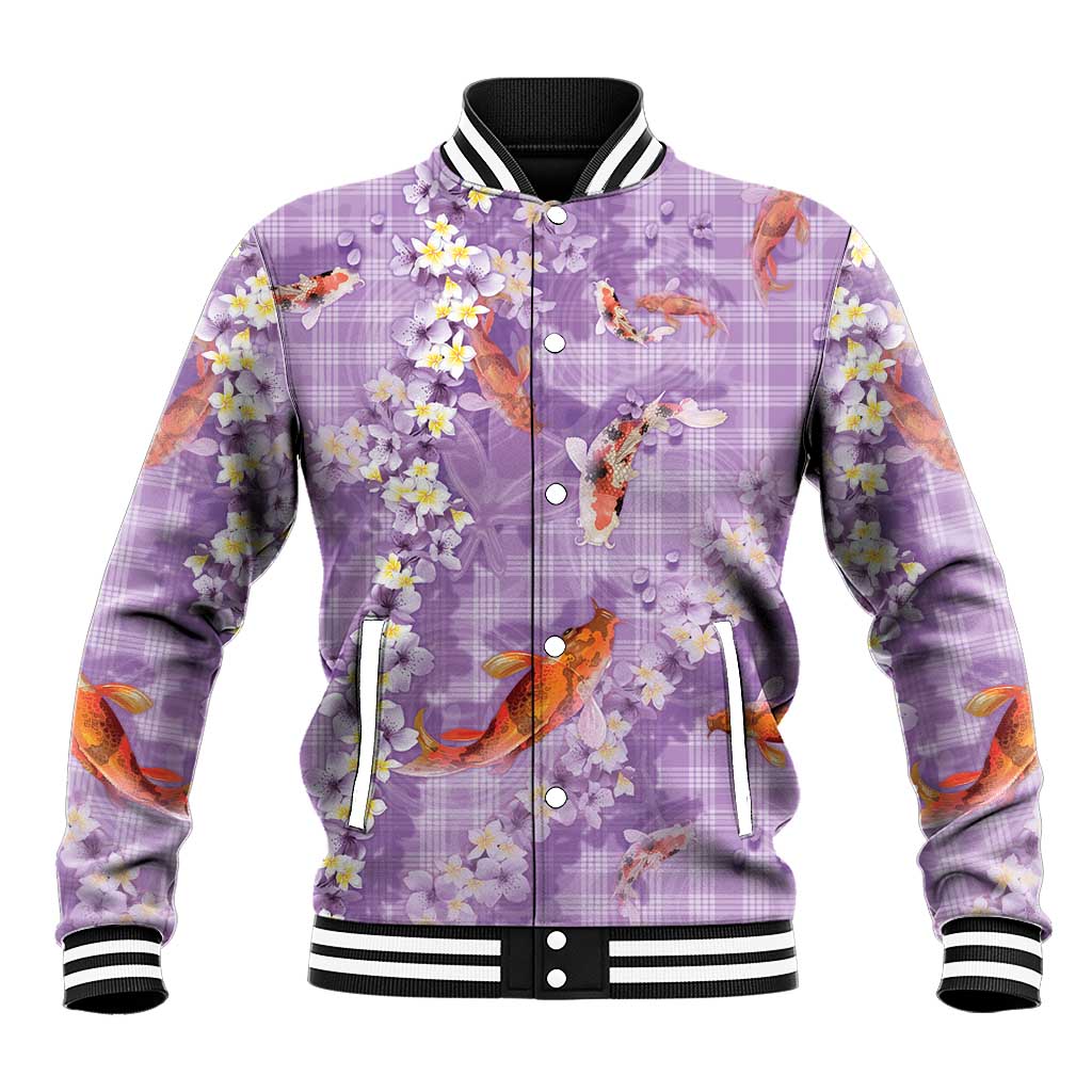 Purple Palaka Hawaiian And Japanese Baseball Jacket Sakura Lei With Koi Fish DT05 Unisex Purple - Polynesian Pride