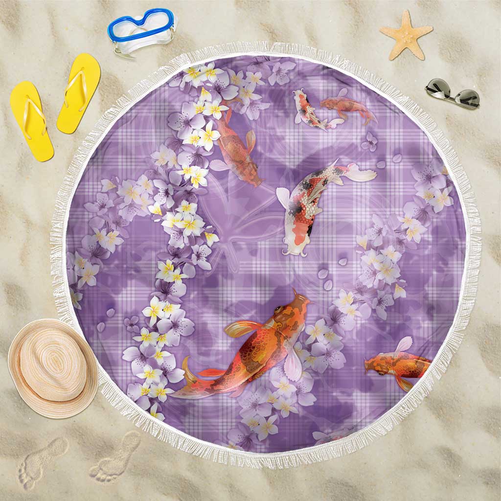 Purple Palaka Hawaiian And Japanese Beach Blanket Sakura Lei With Koi Fish - Polynesian Pride