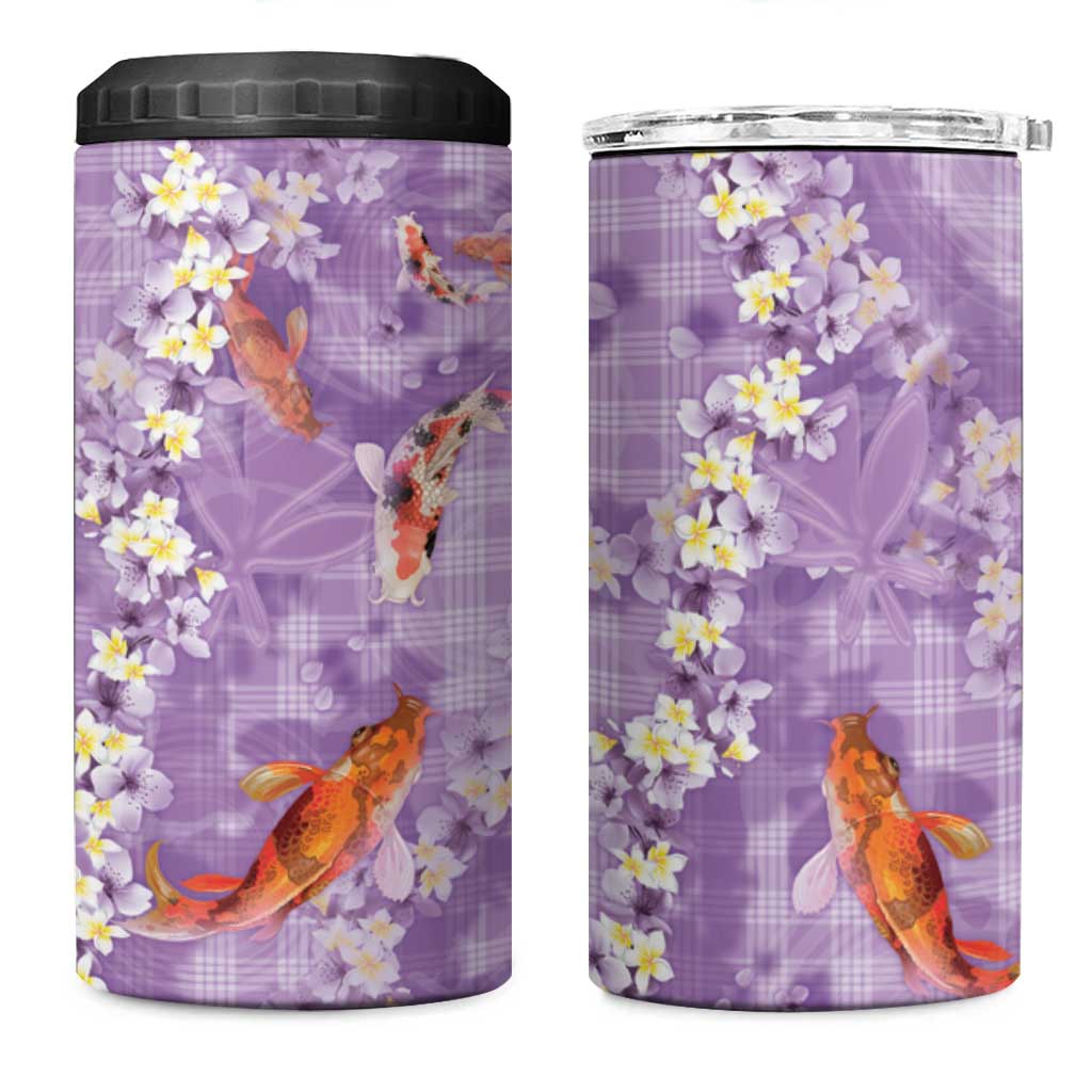 Purple Palaka Hawaiian And Japanese 4 in 1 Can Cooler Tumbler Sakura Lei With Koi Fish DT05 One Size: 16 oz Purple - Polynesian Pride