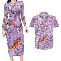 Purple Palaka Hawaiian And Japanese Couples Matching Long Sleeve Bodycon Dress and Hawaiian Shirt Sakura Lei With Koi Fish DT05 Purple - Polynesian Pride