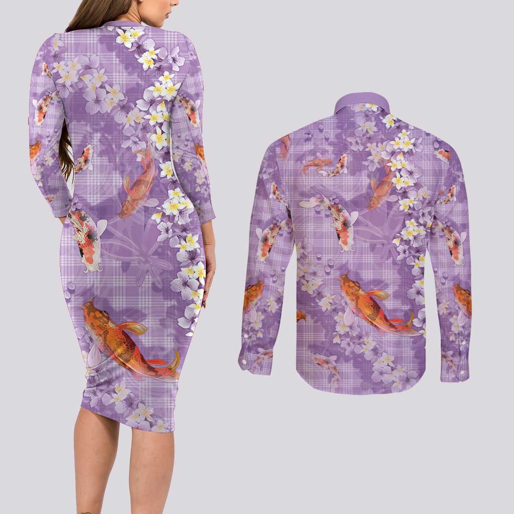 Purple Palaka Hawaiian And Japanese Couples Matching Long Sleeve Bodycon Dress and Long Sleeve Button Shirt Sakura Lei With Koi Fish DT05 - Polynesian Pride