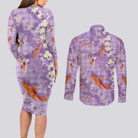 Purple Palaka Hawaiian And Japanese Couples Matching Long Sleeve Bodycon Dress and Long Sleeve Button Shirt Sakura Lei With Koi Fish DT05 - Polynesian Pride