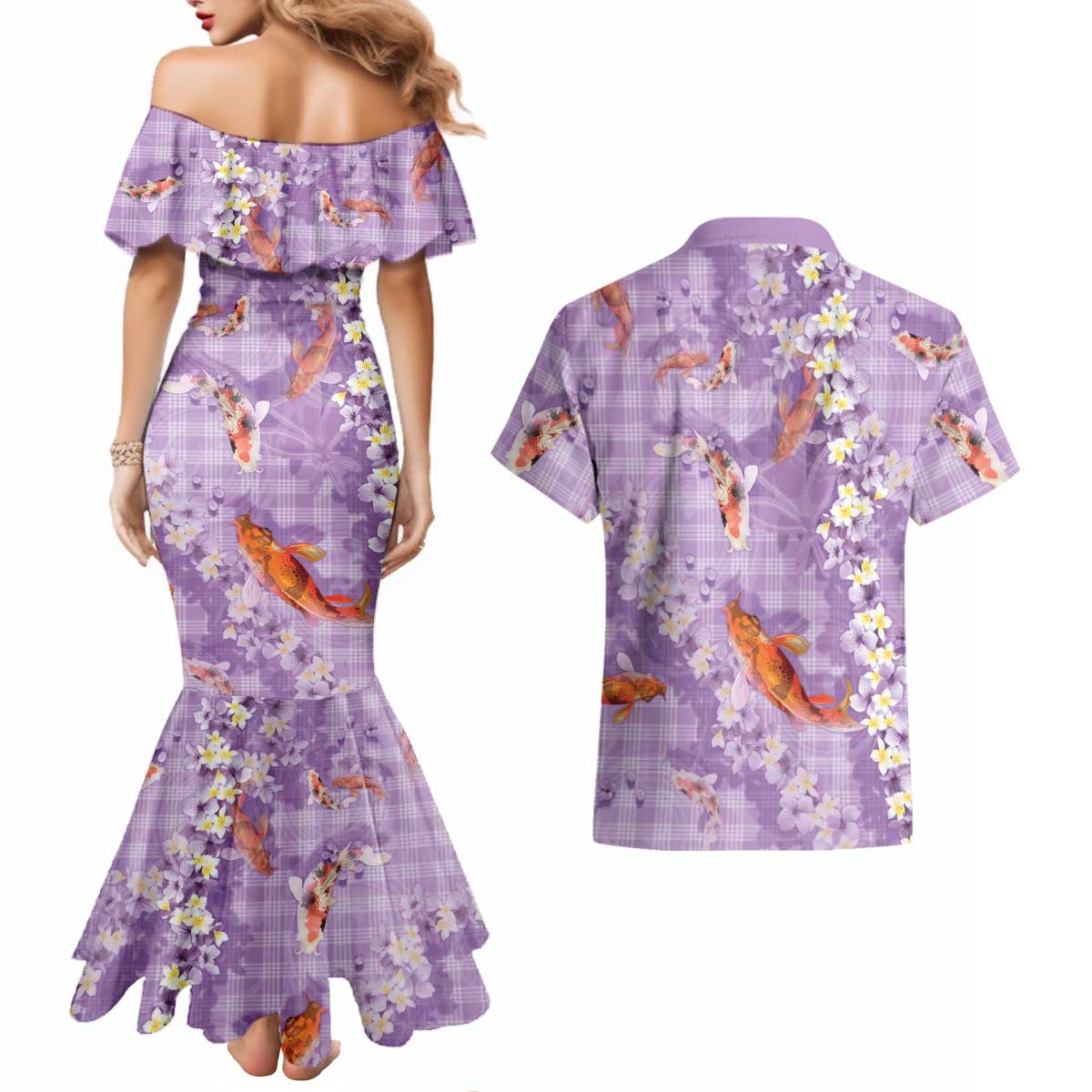 Purple Palaka Hawaiian And Japanese Couples Matching Mermaid Dress and Hawaiian Shirt Sakura Lei With Koi Fish DT05 - Polynesian Pride